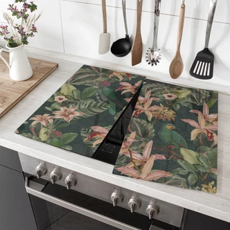 Herdabdeckplatte Dschungel mit Papageien Nachtgrün - Bloomery Decor 