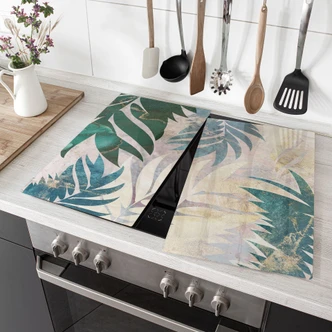 Afdekplaat voor fornuis Exotische palmbladeren in goudgroen - Manovski 