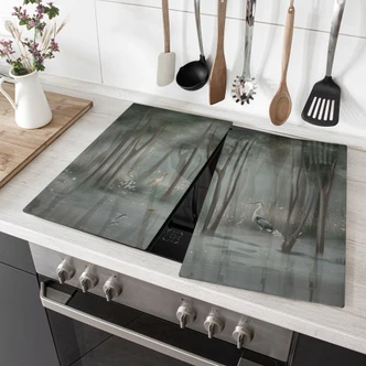 Herdabdeckplatte Nebelwald am See mit Reiher in Grün - Ms Tiff 