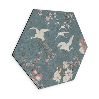 Zeshoek Wanddecoratie Kraanvogels in Kersenbloesem Rush Blauw - Bloemdecoratie - Aluminium Dibond Zeshoek Wanddecoratie Kraanvogels in Kersenbloesem Rush Blauw - Bloemdecoratie - Aluminium Dibond