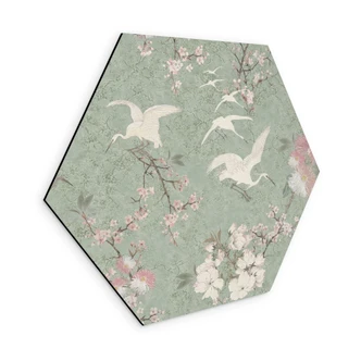 Zeshoek Wanddecoratie Kraanvogels in Kersenbloesem Rush Green - Bloemdecoratie - Aluminium Dibond Zeshoek Wanddecoratie Kraanvogels in Kersenbloesem Rush Green - Bloemdecoratie - Aluminium Dibond