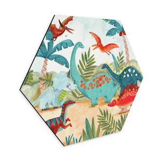 Zeshoekige muurschildering Kleurrijke dinosaurussen in het oerbos - Bonne Müller - Alu-Dibond 