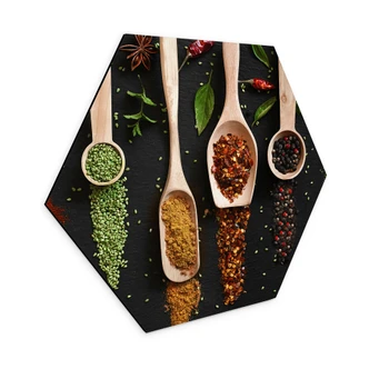 Hexagon Wandbild Kräuter und Gewürze auf Holzlöffel - Dingemans - Alu-Dibond 
