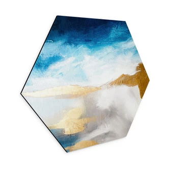 Hexagon Dibond Penseelstreken blauw en goud - Haniff 