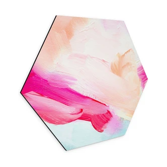 Hexagon Dibond Penseelstreken roze en turquoise - Haniff 