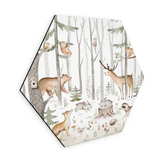 Zeshoek Wanddecoratie Avontuur met bosdieren - Kvilis - Alu-Dibond 