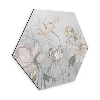 Hexagon Wandbild Blumen im Vintage Stil in Grau - Ms Tiff - Alu-Dibond 