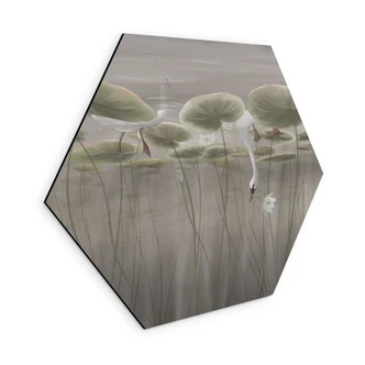 Zeshoek Wanddecoratie lotusbloemen met zwaan in water in grijs - Ms Tiff - Alu-Dibond 