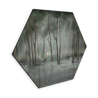 Hexagon Wandbild Nebelwald am See mit Reiher in Grün - Ms Tiff - Alu-Dibond 