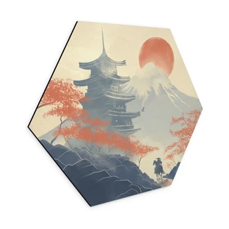 Zeshoekige muurschildering Zonsopgang boven de Pagode - Roze - Alu-Dibond 