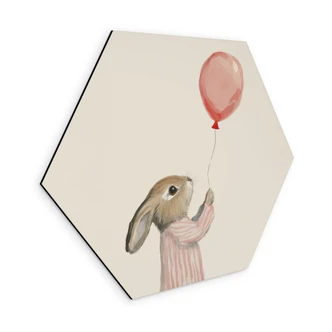 Hexagon Wandbild Süßer Hase mit Luftballon - Treechild - Alu-Dibond 
