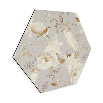 Hexagon Dibond Vogels tussen witte bloemen - UN Designs 