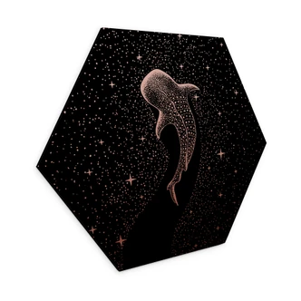 Wanddecoratie met kopereffect walvishaai in de oceaan van sterren - Cakir - Alu-Dibond 