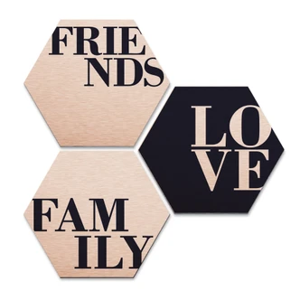 Hexagone - Alu-Dibond-Effet cuivré - Love, Friends, Family (Set de 3) 