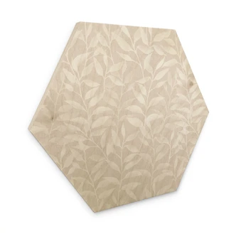 Sekskantet Billede af træ Delikate akvarelblade - blød beige - Bloomery Decor 