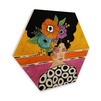 Sekskantet Billede af træ kvinde med farverig blomsterkrone - Hülya 