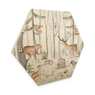 Houten Wanddecoratie zeshoekig avontuur met bosdieren - Kvilis 