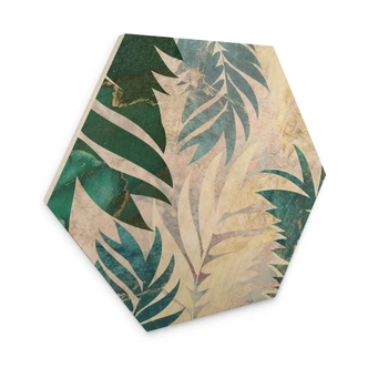 Tableau sur bois hexagonal Feuilles de palmier exotiques en or-vert - Manovski 