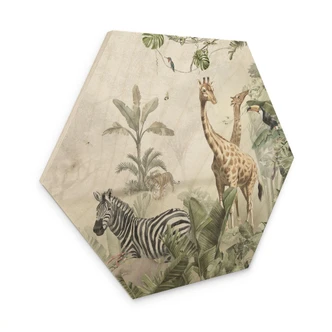 Hexagon-Holzbild Dschungeltiere auf großer Safari - Ms Tiff Hexagon-Holzbild Dschungeltiere auf großer Safari - Ms Tiff