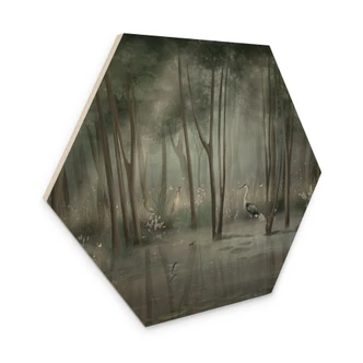 Hexagon Holzbild Nebelwald am See mit Reiher in Grün - Ms Tiff 