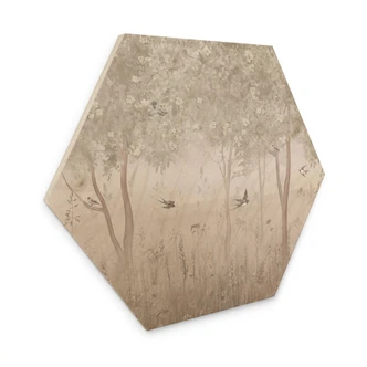 Hexagon Holzbild Sommerliche Schwalben im Blütenwald - Ms Tiff 