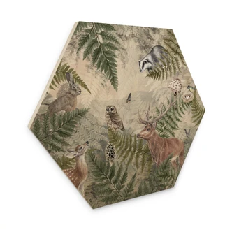 Hexagon Holzbild Waldtiere zwischen Farn und Blättern - Ms Tiff 