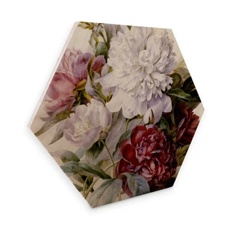 Hexagon - Holz Redouté - Strauß von roten, lila und weißen Pfingstrosen 