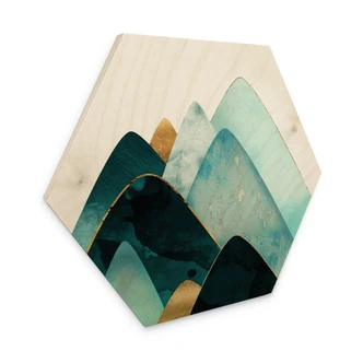 Hexagon-Holzbild Abstrakte Berge in Gold und Blau - SpaceFrog Designs Hexagon-Holzbild Abstrakte Berge in Gold und Blau - SpaceFrog Designs