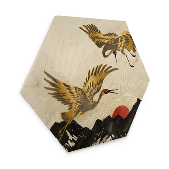 Hexagon Holzbild SpaceFrog Designs - Goldene Kraniche Hexagon Holzbild SpaceFrog Designs - Goldene Kraniche