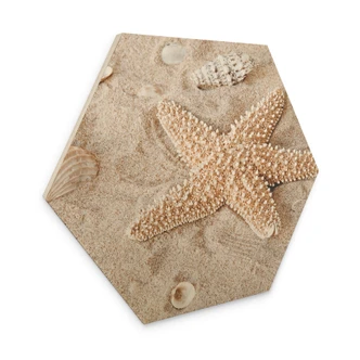 Hexagon Holzbild Sternfisch im goldenen Strand 