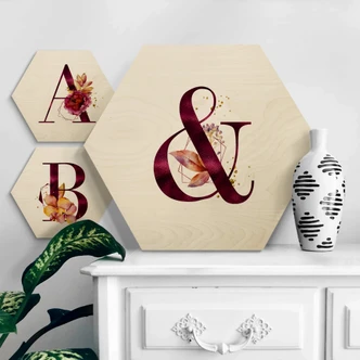 Hexagon Hout Alfabet Letters Burgundy Flowers 
