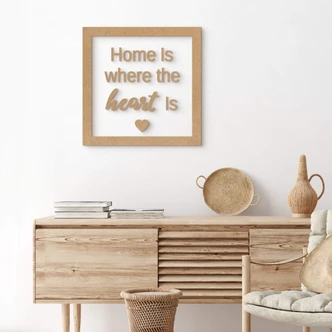 Deko Schriftzug mit Rahmen - Home is where the heart is - MDF Natur 