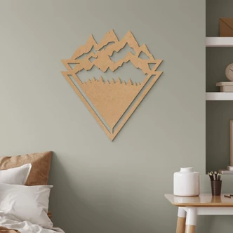 Väggdekorationer i trä Line-Art - Landskap: Berg med skog - MDF natur 