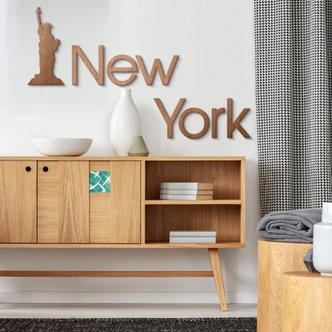 Holzkunst Mahagoni - Schriftzug New York  mit Freiheitsstatue 