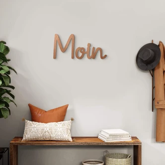 3D Holz Schriftzug Moin - norddeutscher Gruß - Mahagoni 