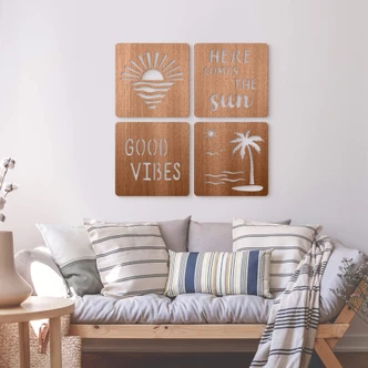 3D Holz-Deko Sonne, Strand und Palmen (4er-Set) - Mahagoni 