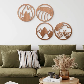 Houten Wanddecoratie Mahoniefineer de Vier Elementen (Vuur, Water, Aarde, Lucht) 4-delig 