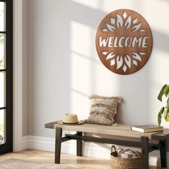 Wooden Wall Decoration Mahogany Veneer Welcome Sunflower 