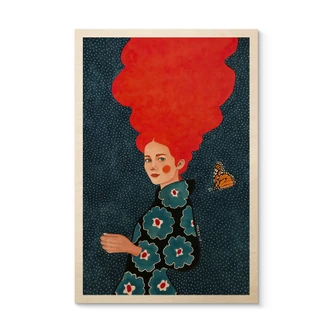 Tableau sur bois Femme en robe fleurie avec papillon - Hülya 