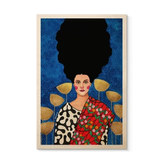 Tableau sur bois Femme dans un champ avec des feuilles d'or - Hülya 