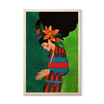 Tableau sur bois Femme en robe à rayures avec fleurs orange - Hülya 