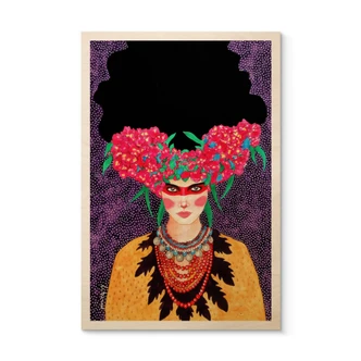 Houten Wanddecoratie van een vrouw met een bloemenkrans en stijfsel - Hülya 