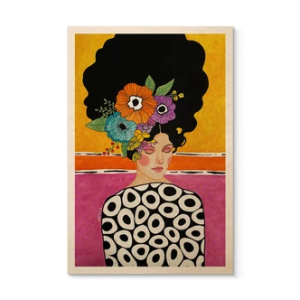Tableau sur bois Femme à la couronne de fleurs multicolores - Hülya 