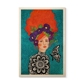 Tableau sur bois Femme papillon avec couronne de fleurs - Hülya 