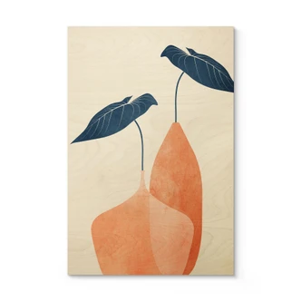 Træplakat Monstera-blade i to abrikosfarvede vaser - Kubistika Træplakat Monstera-blade i to abrikosfarvede vaser - Kubistika