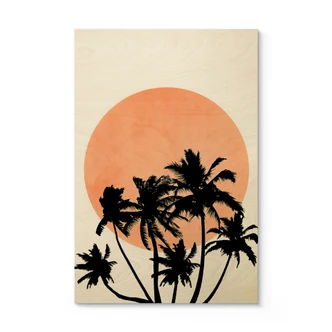 Holzbild Palmen vor der orangen Sonne - Kubistika 