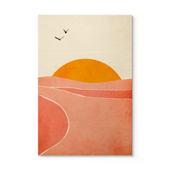 Træplakat Solopgang i landskabet rundt - Kubistika 