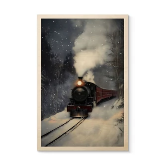 Holzbild Dampflok im verschneiten Wald - Melloi Art Prints 