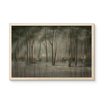 Cuadro de madera bosque nuboso junto a un lago con garza en verde - Ms Tiff 