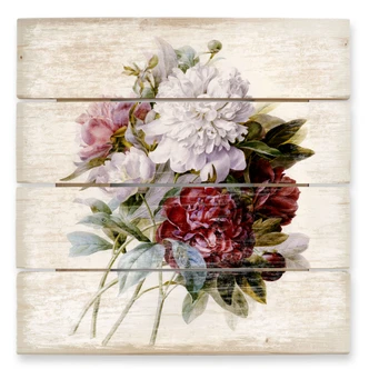 Holzbild Redouté - Strauss von roten, lila und weißen Pfingstrosen - 40x41,5 cm 